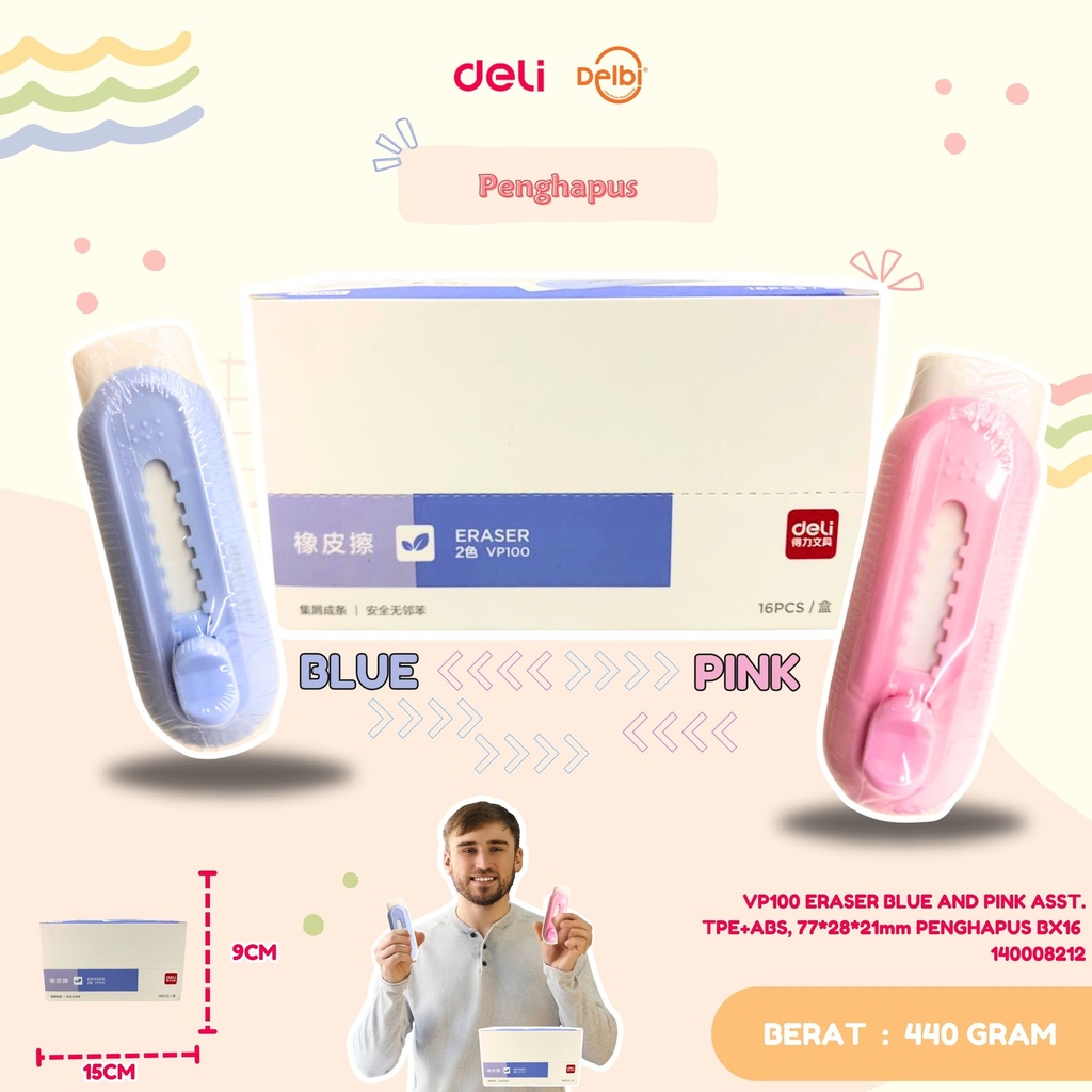 DELI VP100 ERASER BLUE AND PINK ASST. TPE+ABS, 77*28*21mm PENGHAPUS BX16 