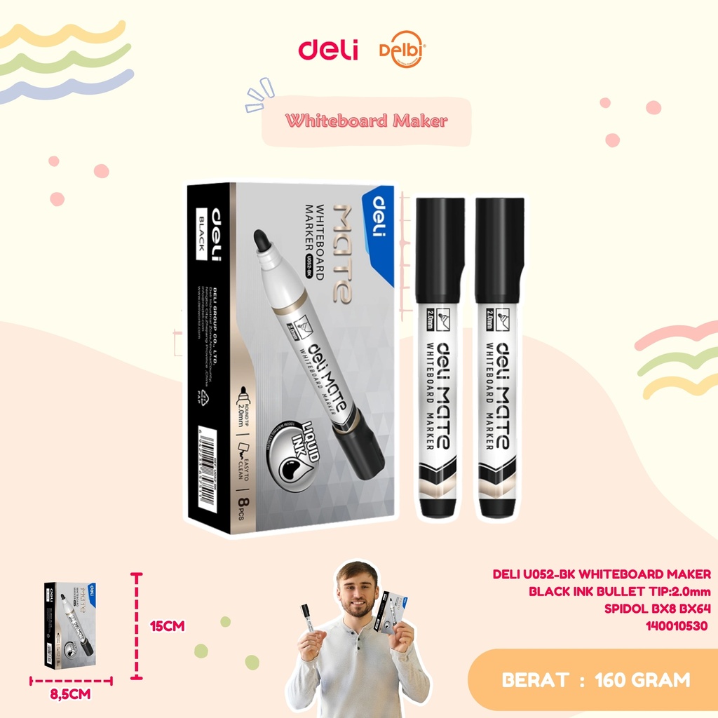 DELI U052-BK WHITEBOARD MAKER BLACK INK BULLET TIP:2.0mm SPIDOL  BX2 BX8 BX64 