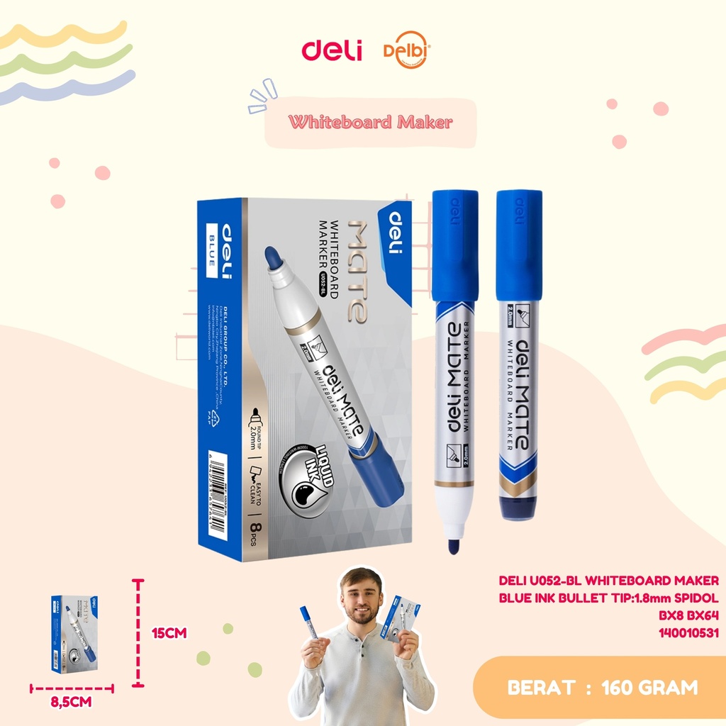 DELI U052-BL WHITEBOARD MAKER BLUE INK BULLET TIP:1.8mm SPIDOL BX8 BX64