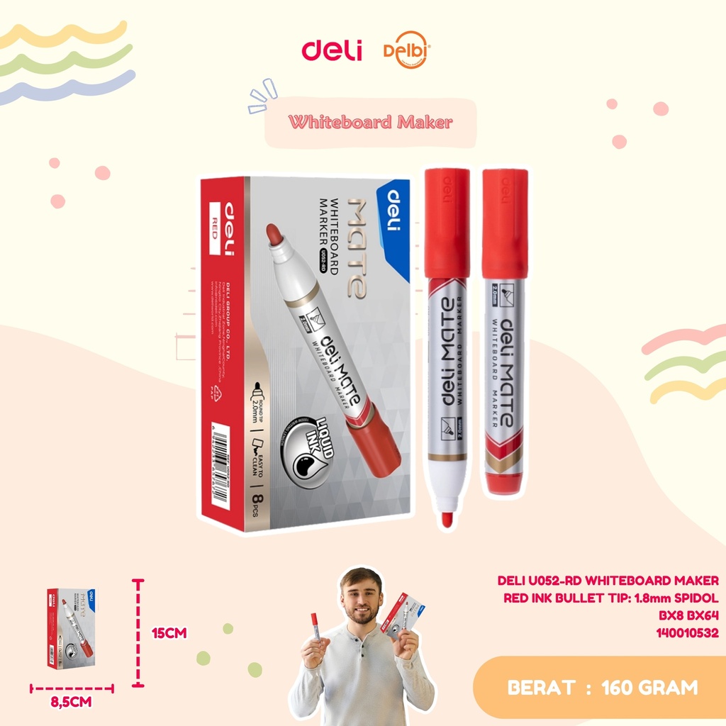 DELI U052-RD WHITEBOARD MAKER RED INK BULLET TIP: 1.8mm SPIDOL BX8 BX64