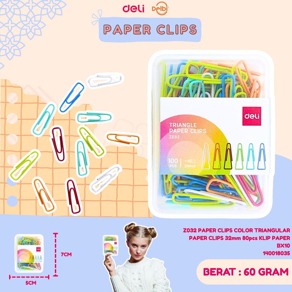 [140018035] Z032 PAPER CLIPS COLOR TRIANGULAR PAPER CLIPS 32mm 80pcs KLIP PAPER BX10