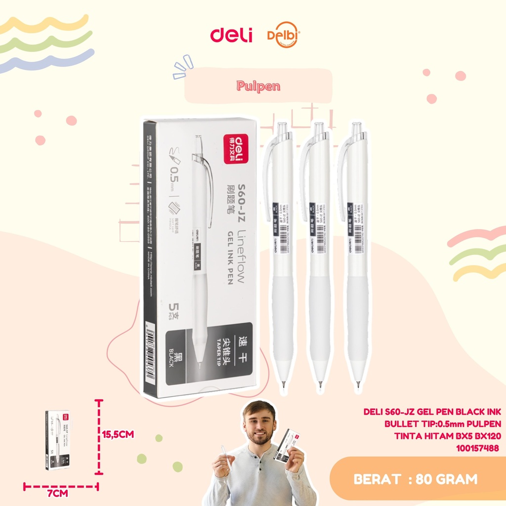 DELI S60-JZ GEL PEN BLACK INK BULLET TIP:0.5mm PULPEN TINTA HITAM BX5 BX120  
