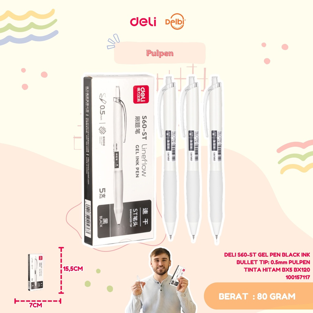 DELI S60-ST GEL PEN BLACK INK BULLET TIP: 0.5mm PULPEN TINTA HITAM BX5 BX120