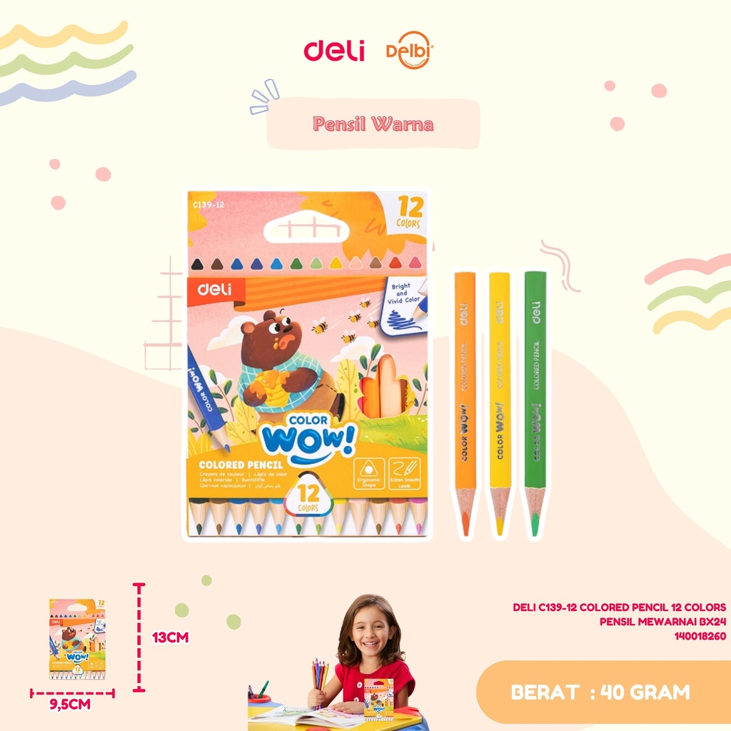 DELI C139-12 COLORED PENCIL 12 COLORS PENSIL MEWARNAI BX24