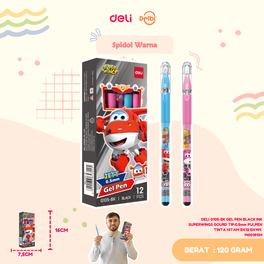 DELI G105-BK GEL PEN BLACK INK SUPERWINGS GOURD TIP:0.5mm PULPEN TINTA HITAM BX12 BX144 