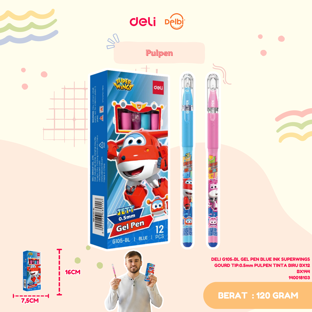 DELI G105-BL GEL PEN BLUE INK SUPERWINGS GOURD TIP:0.5mm PULPEN TINTA BIRU BX12 BX144