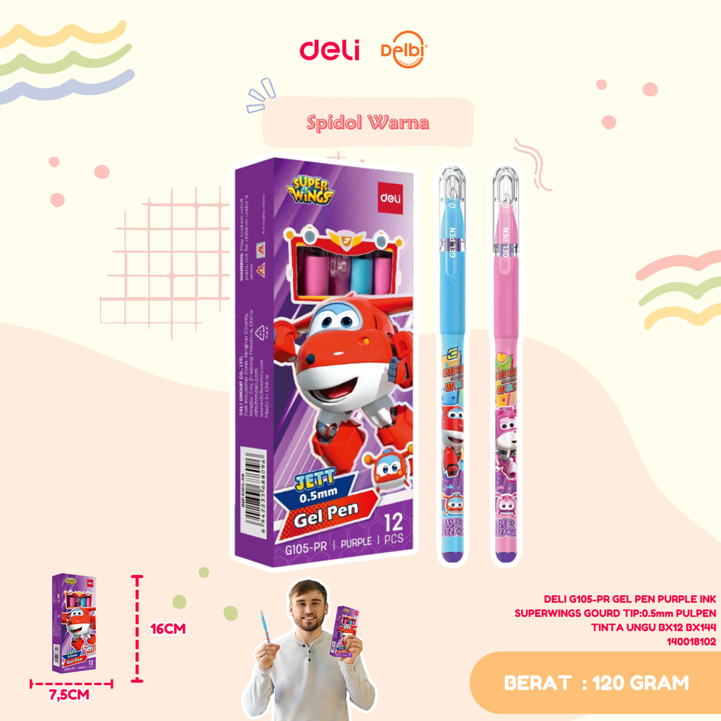 DELI G105-PR GEL PEN PURPLE INK SUPERWINGS GOURD TIP:0.5mm PULPEN TINTA UNGU BX12 BX144