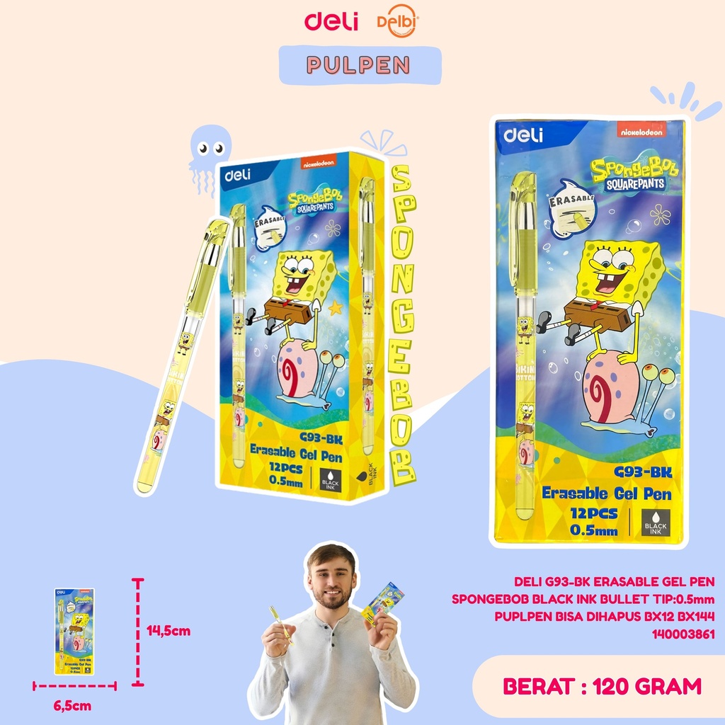 DELI G93-BK ERASABLE GEL PEN SPONGEBOB BLACK INK BULLET TIP:0.5mm PUPLPEN BISA DIHAPUS BX12 BX144