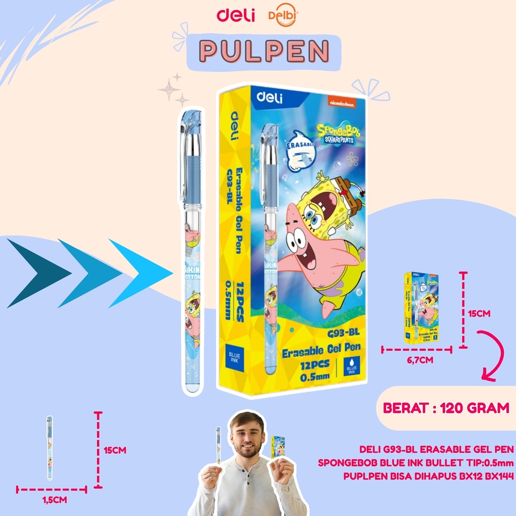 DELI G93-BL ERASABLE GEL PEN SPONGEBOB BLUE INK BULLET TIP:0.5mm PUPLPEN BISA DIHAPUS BX12 BX144