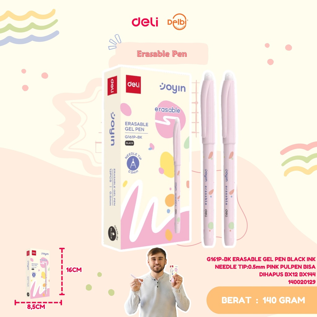 G161P-BK ERASABLE GEL PEN BLACK INK NEEDLE TIP:0.5mm PINK PULPEN BISA DIHAPUS BX12 BX144