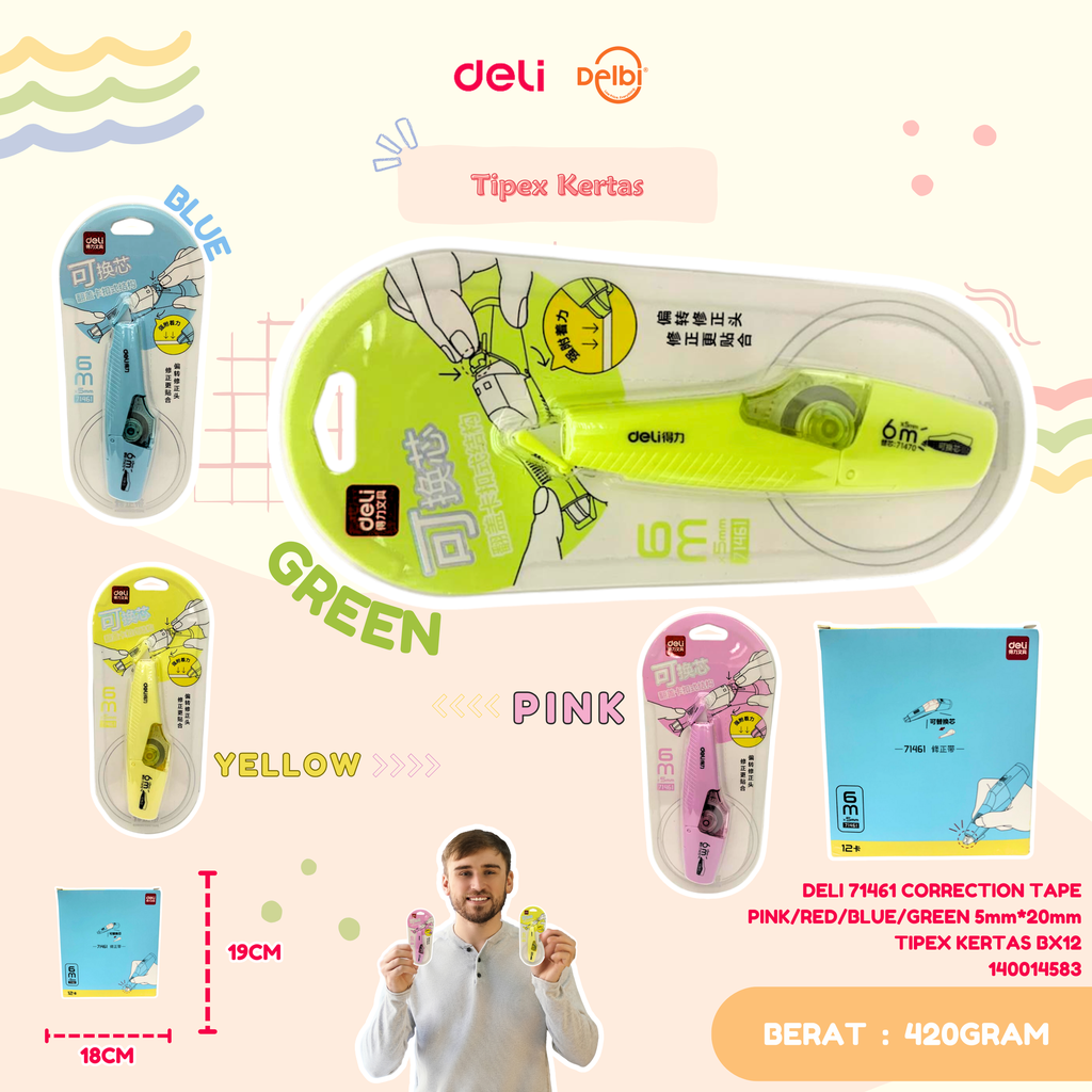 DELI 71461 CORRECTION TAPE PINK/RED/BLUE/GREEN 5mm*20mm TIPEX KERTAS BX12