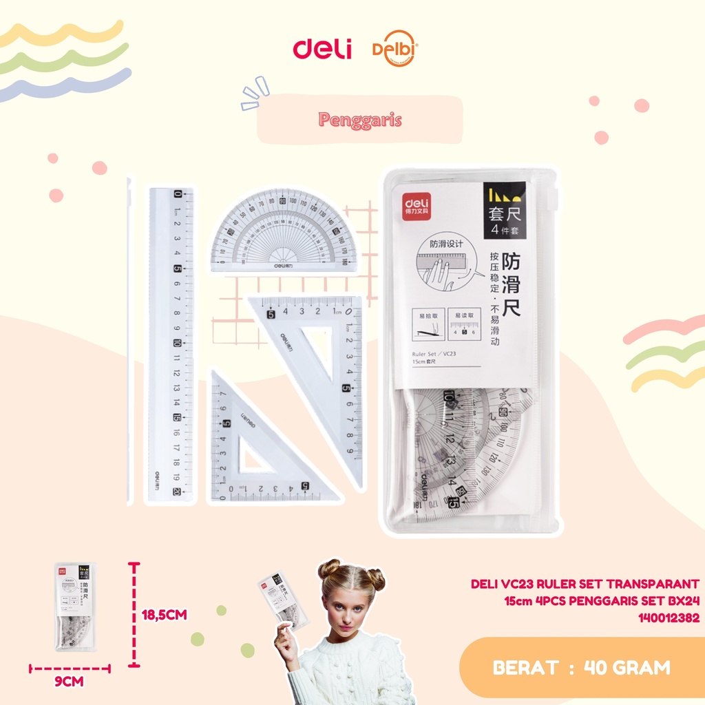 DELI VC23 RULER SET TRANSPARANT 15cm 4PCS PENGGARIS SET BX24
