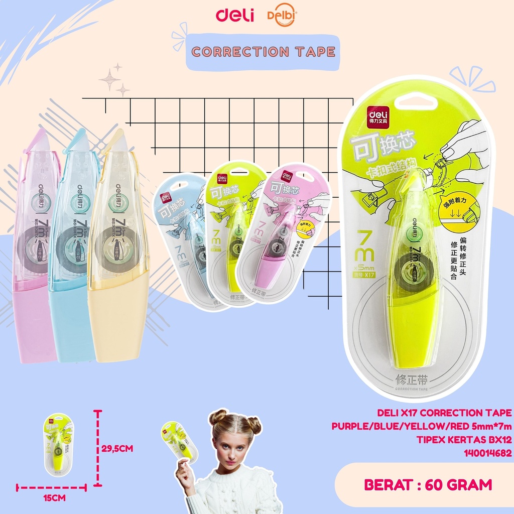 [140014682] DELI X17 CORRECTION TAPE PURPLE/BLUE/YELLOW/RED 5mm*7m TIPEX KERTAS BX12