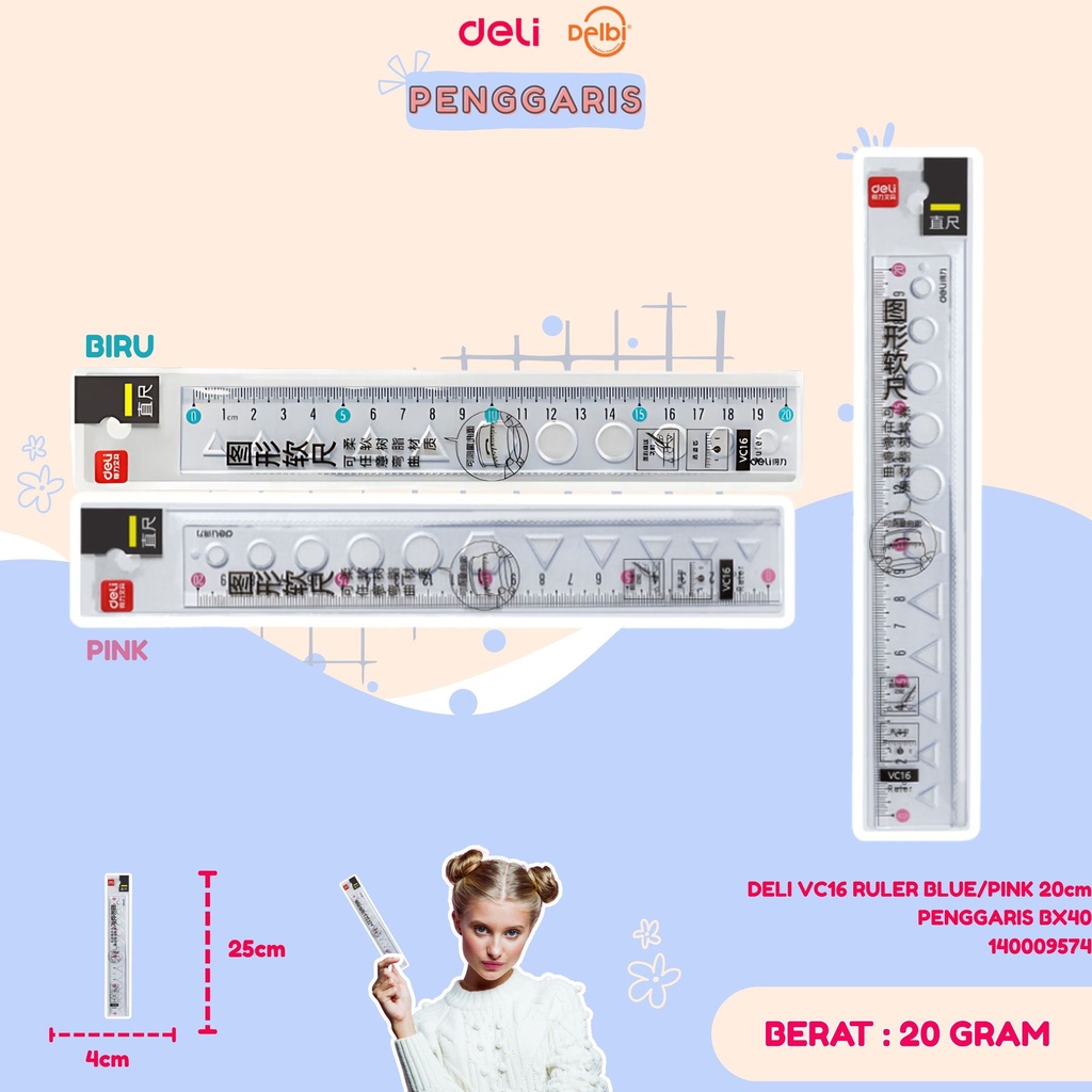 DELI VC16 RULER BLUE/PINK 20cm PENGGARIS BX40