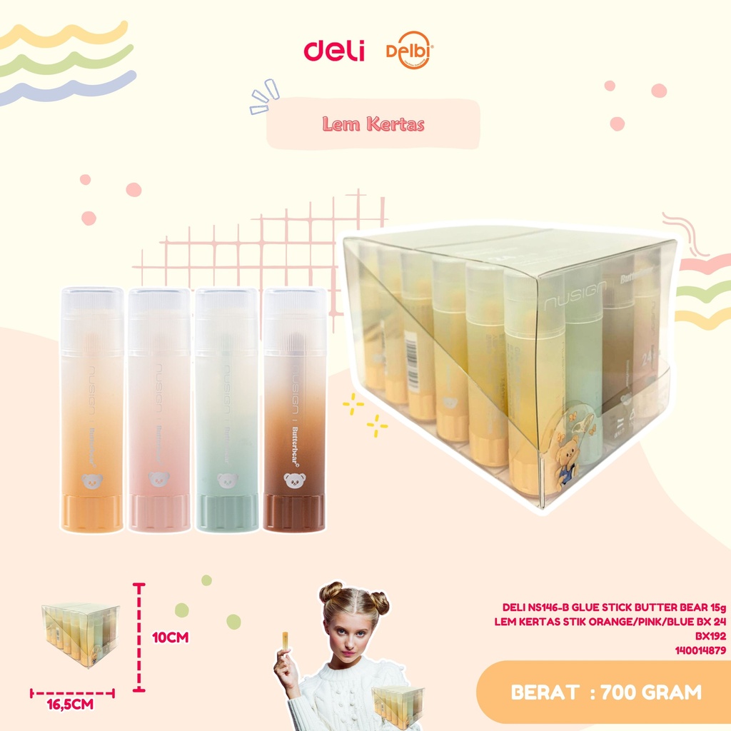 DELI NS146-B GLUE STICK BUTTER BEAR 15g LEM KERTAS STIK ORANGE/PINK/BLUE BX 24 BX192