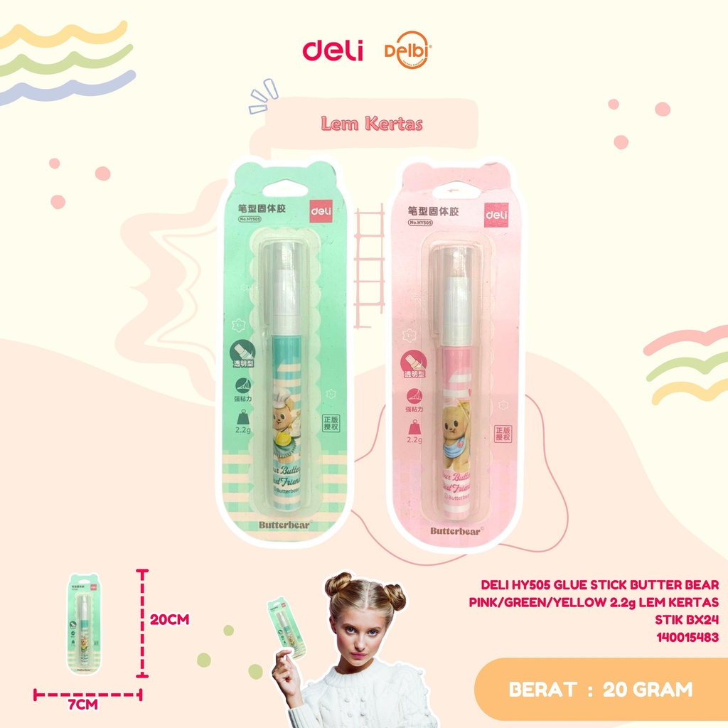 DELI HY505 GLUE STICK BUTTER BEAR PINK/GREEN/YELLOW 2.2g LEM KERTAS STIK BX24