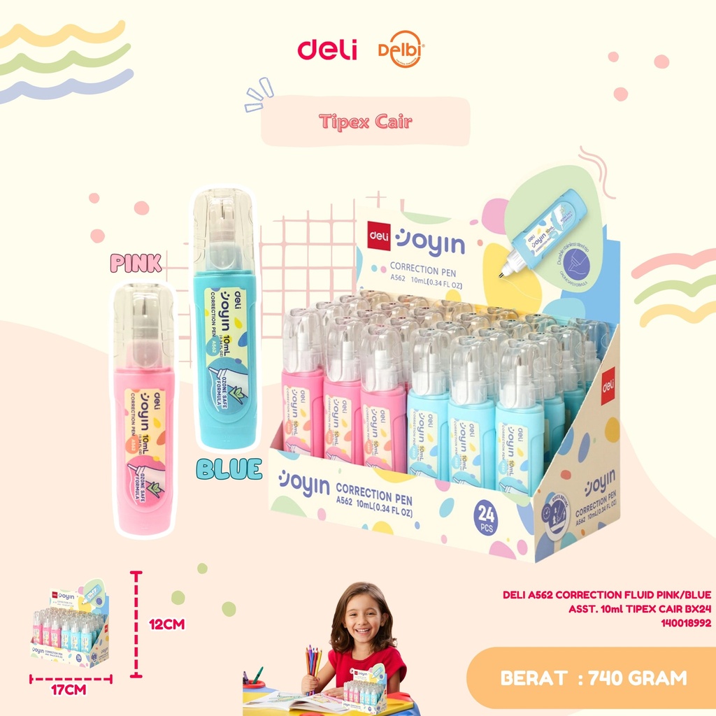 DELI A562 CORRECTION FLUID PINK/BLUE ASST. 10ml TIPEX CAIR BX24