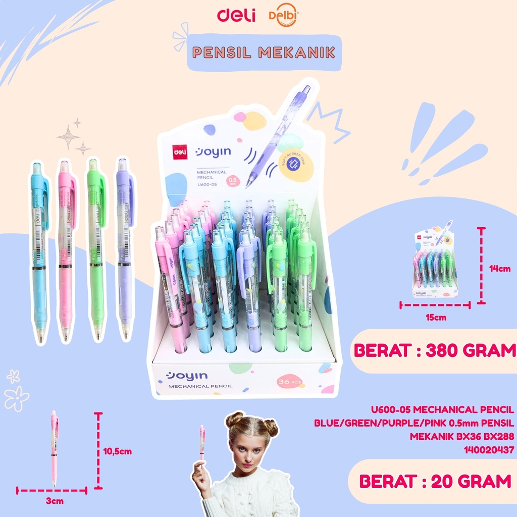 U600-05 MECHANICAL PENCIL BLUE/GREEN/PURPLE/PINK 0.5mm PENSIL MEKANIK BX36 BX288
