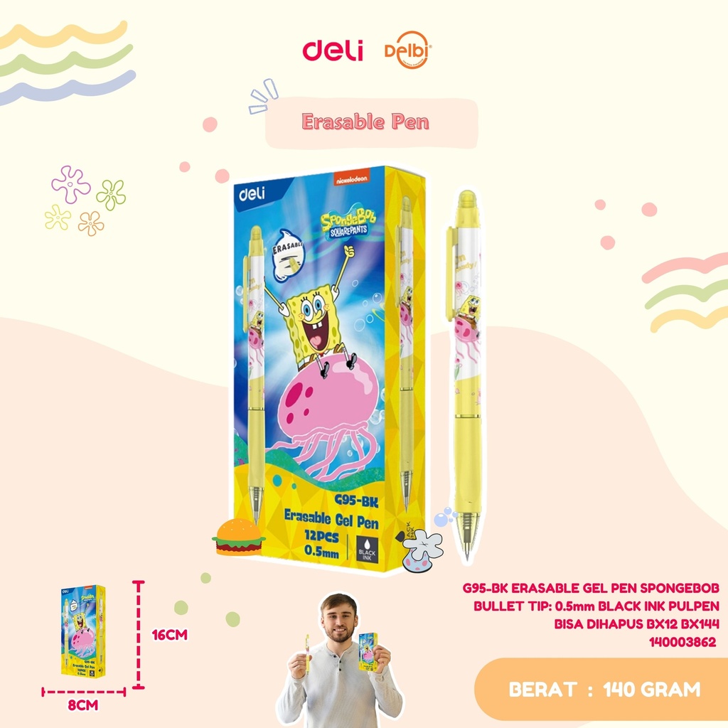 DELI G95-BK ERASABLE GEL PEN SPONGEBOB BULLET TIP: 0.5mm BLACK INK PULPEN BISA DIHAPUS BX12 BX144