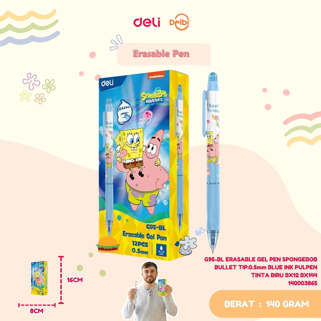 DELI G95-BL ERASABLE GEL PEN SPONGEBOB BULLET TIP:0.5mm BLUE INK PULPEN TINTA BIRU BX12 BX144