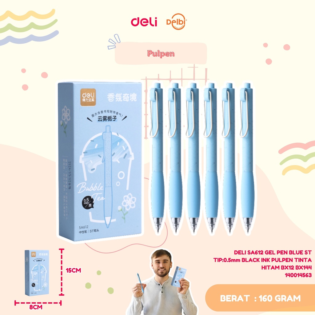 DELI SA612 GEL PEN BLUE ST TIP:0.5mm BLACK INK PULPEN TINTA HITAM BX12 BX144