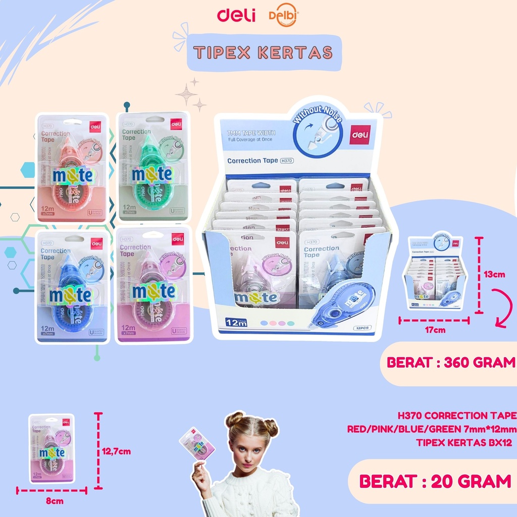 H370 CORRECTION TAPE RED/PINK/BLUE/GREEN 7mm*12mm TIPEX KERTAS BX12 