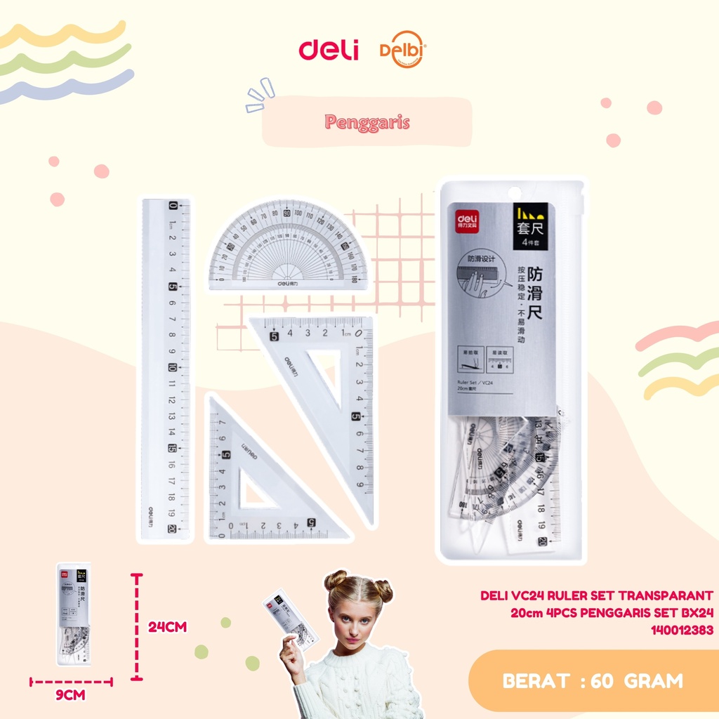 DELI VC24 RULER SET TRANSPARANT 20cm 4PCS PENGGARIS SET BX24