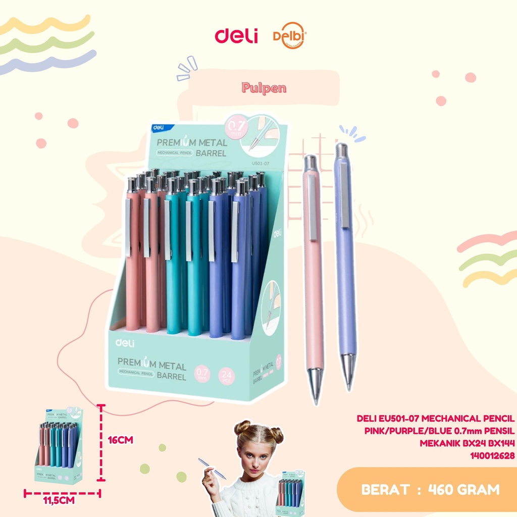 DELI EU501-07 MECHANICAL PENCIL PINK/PURPLE/BLUE 0.7mm PENSIL MEKANIK BX24 BX144