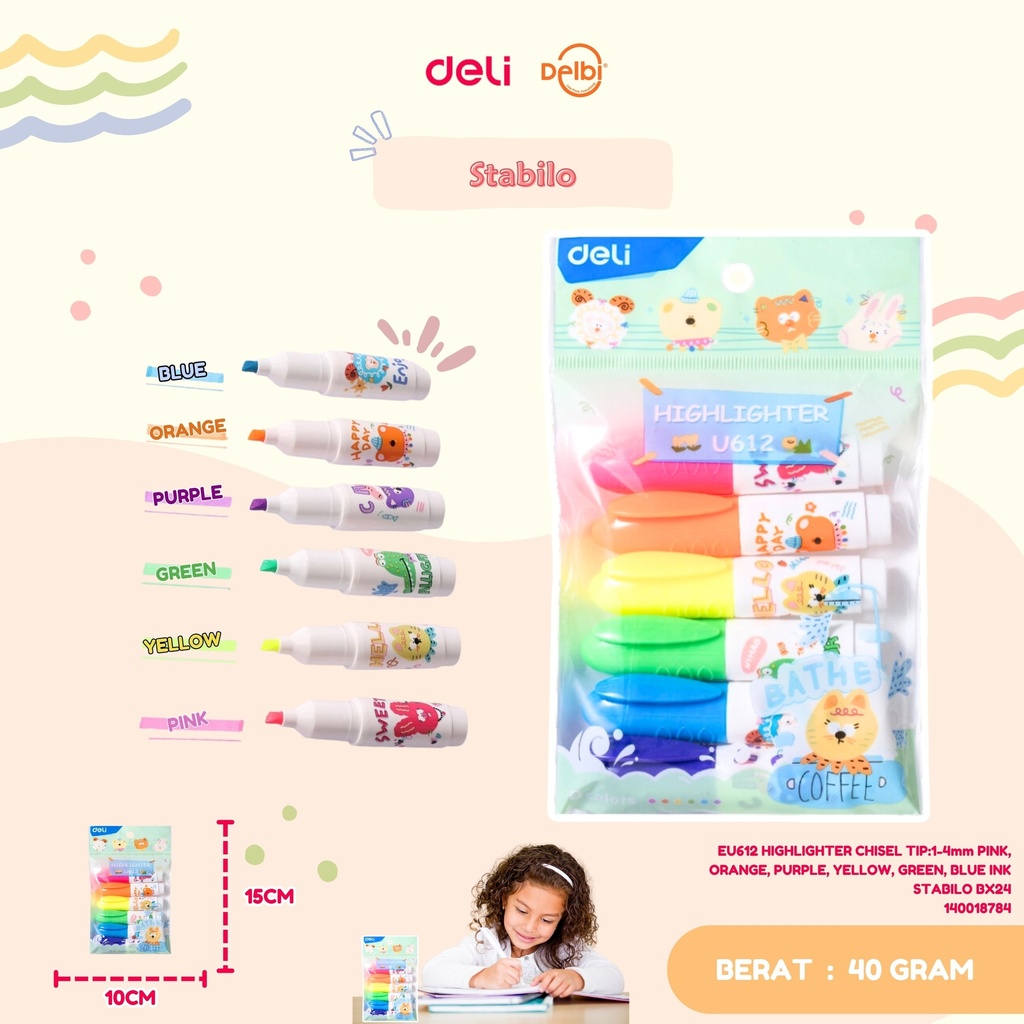 DELI EU612 HIGHLIGHTER CHISEL TIP:1-4mm PINK, ORANGE, PURPLE, YELLOW, GREEN, BLUE INK STABILO BX24 BX288