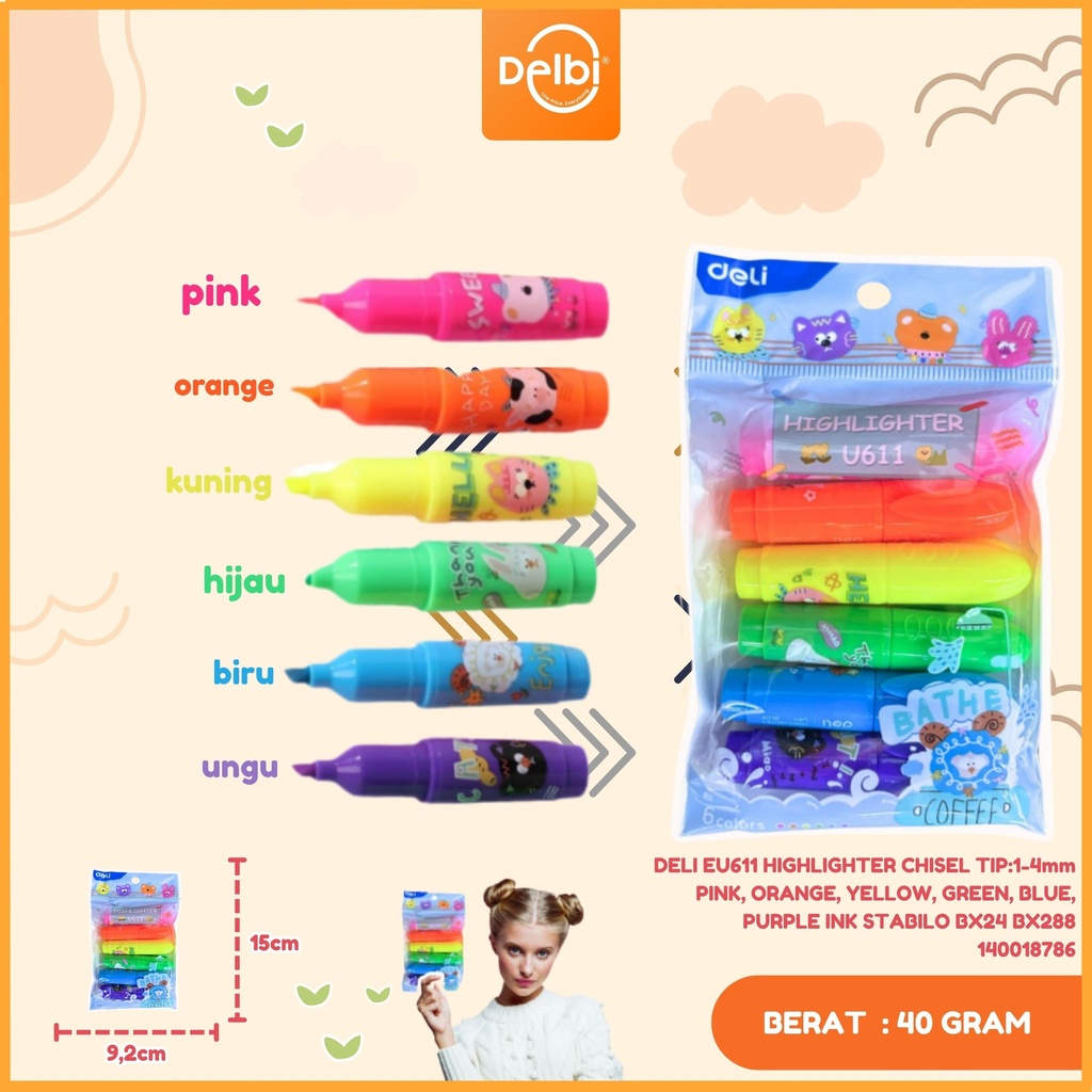 DELI EU611 HIGHLIGHTER CHISEL TIP:1-4mm PINK, ORANGE, YELLOW, GREEN, BLUE, PURPLE INK STABILO BX24 BX288
