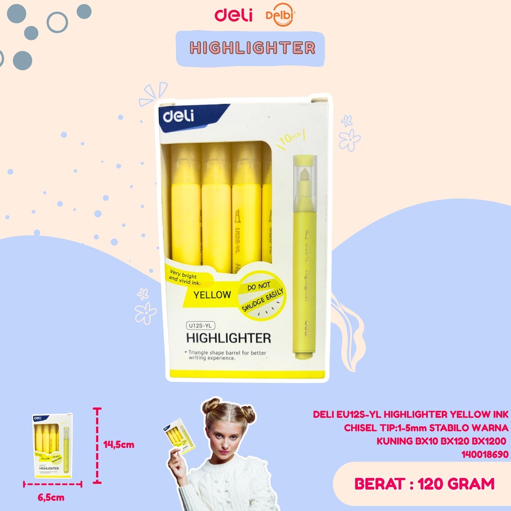 [140018690] DELI EU12S-YL HIGHLIGHTER YELLOW INK CHISEL TIP:1-5mm STABILO WARNA KUNING BX10 BX120 BX1200