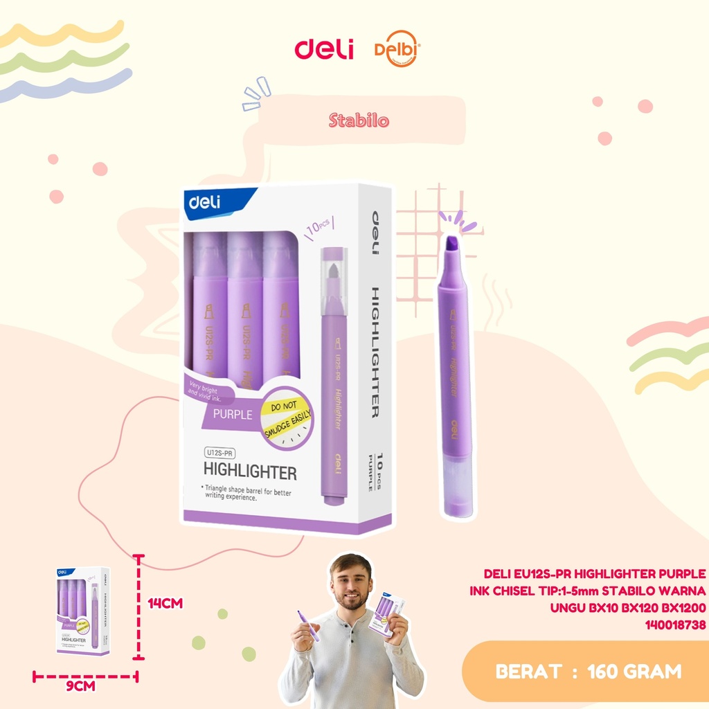 DELI EU12S-PR HIGHLIGHTER PURPLE INK CHISEL TIP:1-5mm STABILO WARNA UNGU BX10 BX120 BX1200