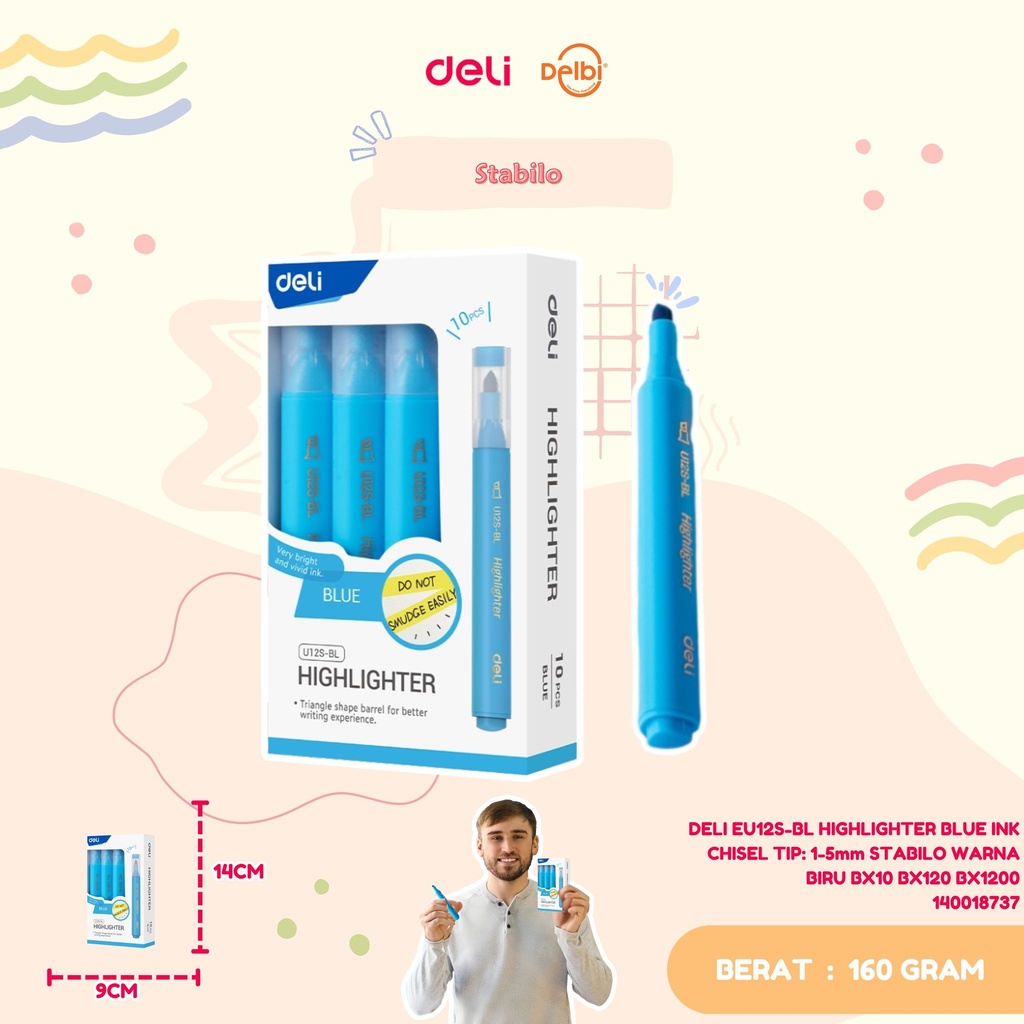 DELI EU12S-BL HIGHLIGHTER BLUE INK CHISEL TIP: 1-5mm STABILO WARNA BIRU BX10 BX120 BX1200