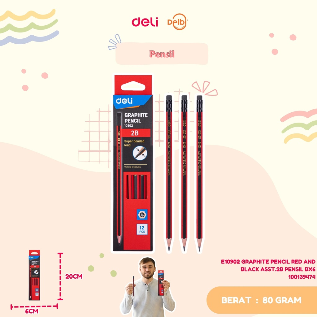 [100139474] DELI E10902 GRAPHITE PENCIL RED AND BLACK ASST.2B PENSIL BX6