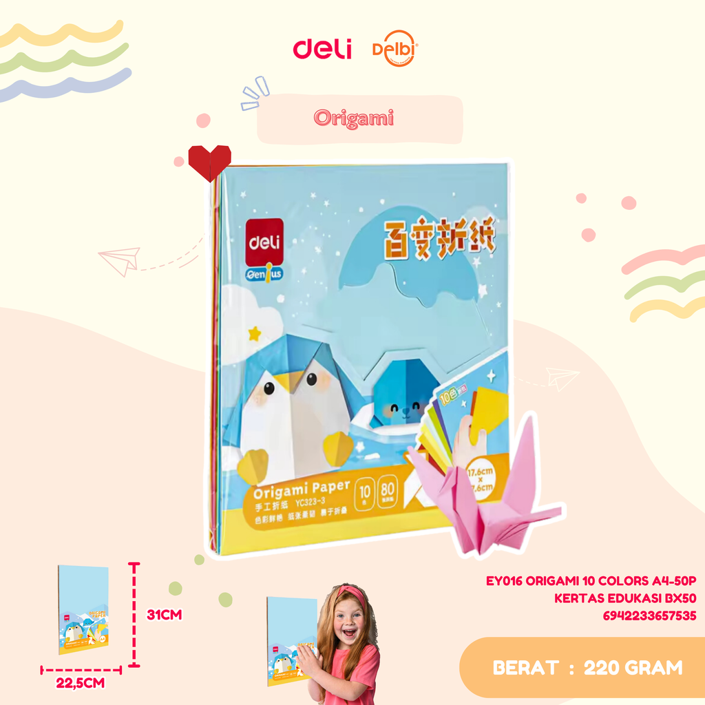DELI EY016 ORIGAMI 10 COLORS A4-50P KERTAS EDUKASI BX50