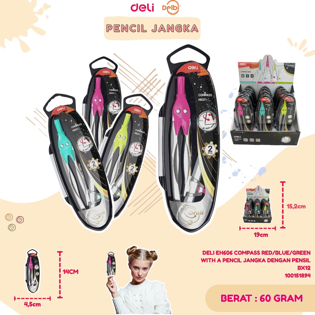 [100151894] DELI EH606 COMPASS RED/BLUE/GREEN WITH A PENCIL JANGKA DENGAN PENSIL BX12