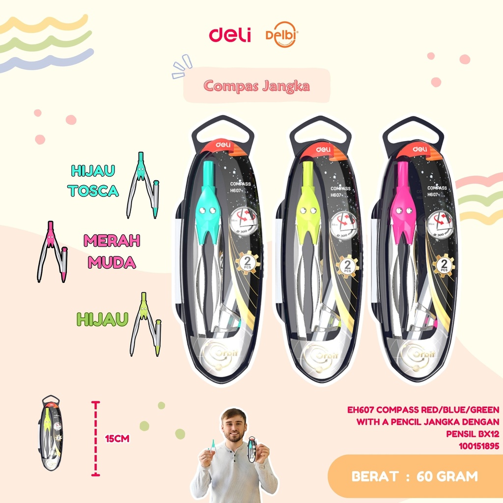 [100151895] DELI EH607 COMPASS RED/BLUE/GREEN WITH A PENCIL JANGKA DENGAN PENSIL BX12