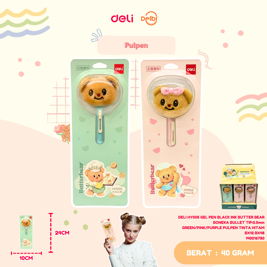 DELI HY005 GEL PEN BLACK INK BUTTER BEAR BONEKA BULLET TIP:0.5mm GREEN/PINK/PURPLE PULPEN TINTA HITAM BX12 BX48