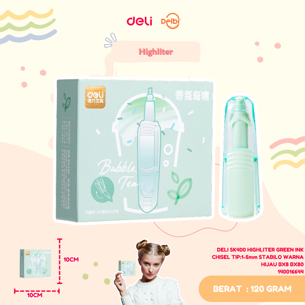 DELI SK400 HIGHLITER GREEN INK CHISEL TIP:1-5mm STABILO WARNA HIJAU BX8 BX80