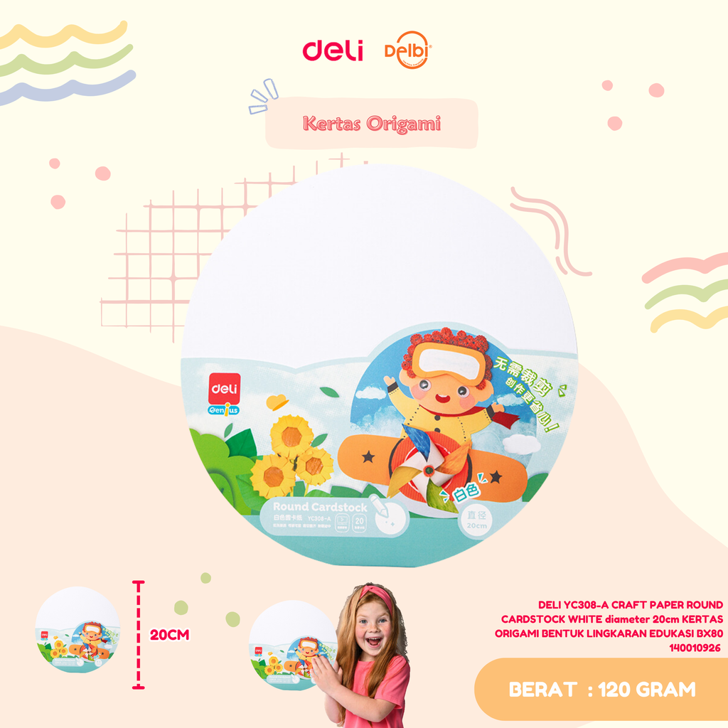 DELI YC308-A CRAFT PAPER ROUND CARDSTOCK WHITE diameter 20cm KERTAS ORIGAMI BENTUK LINGKARAN EDUKASI BX80 
