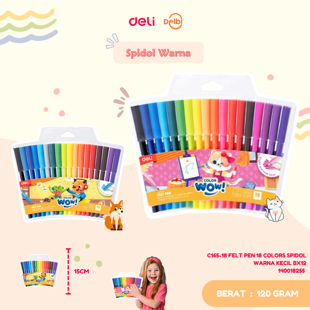 DELI C165-18 FELT PEN 18 COLORS SPIDOL WARNA KECIL BX12