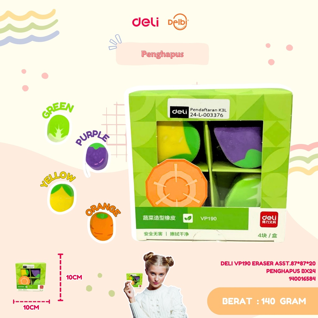 DELI VP190 ERASER ASST.87*87*20 PENGHAPUS BX24
