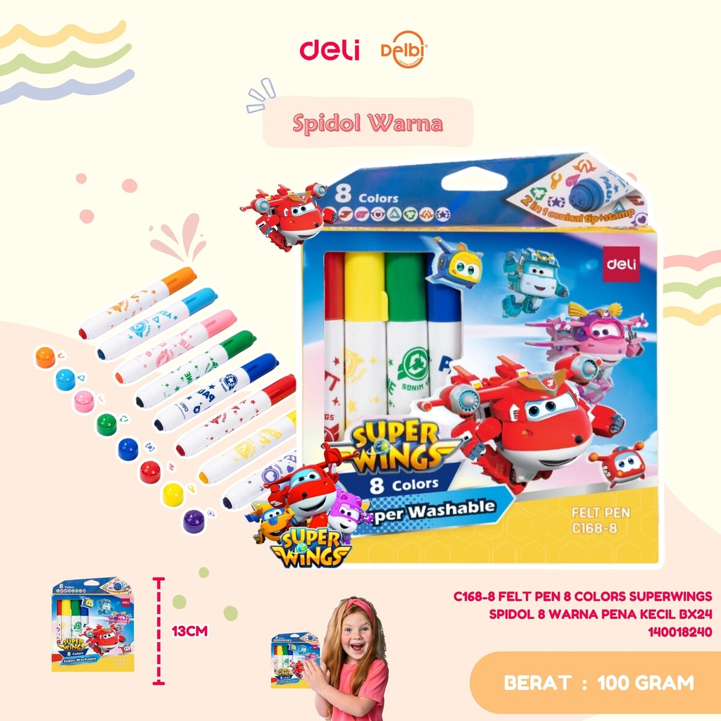 [140018240] DELI C168-8 FELT PEN 8 COLORS SUPERWINGS SPIDOL 8 WARNA PENA KECIL BX24