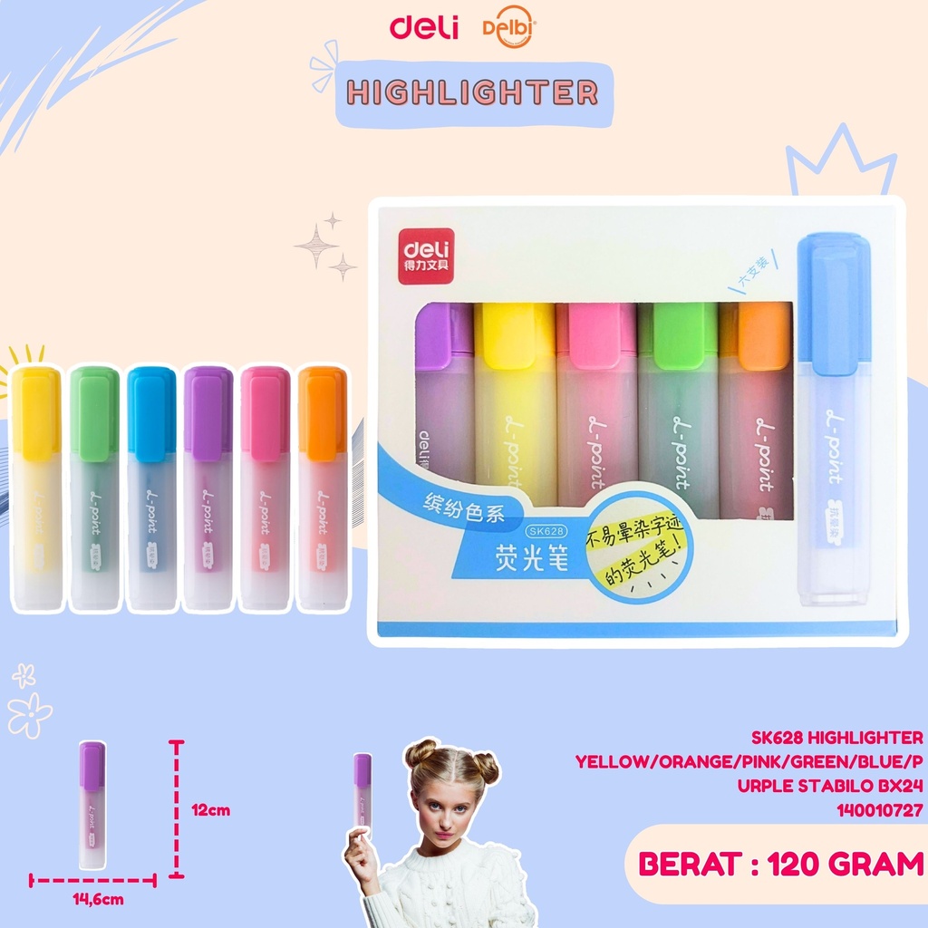 SK628 HIGHLIGHTER YELLOW/ORANGE/PINK/GREEN/BLUE/PURPLE STABILO BX24