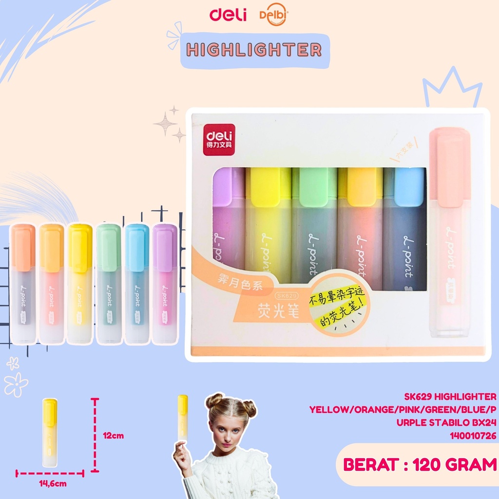 SK629 HIGHLIGHTER YELLOW/ORANGE/PINK/GREEN/BLUE/PURPLE STABILO BX24