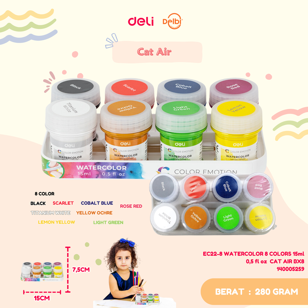 DELI EC22-8 WATERCOLOR 8 COLORS 15ml 0,5 fl oz  CAT AIR BX8