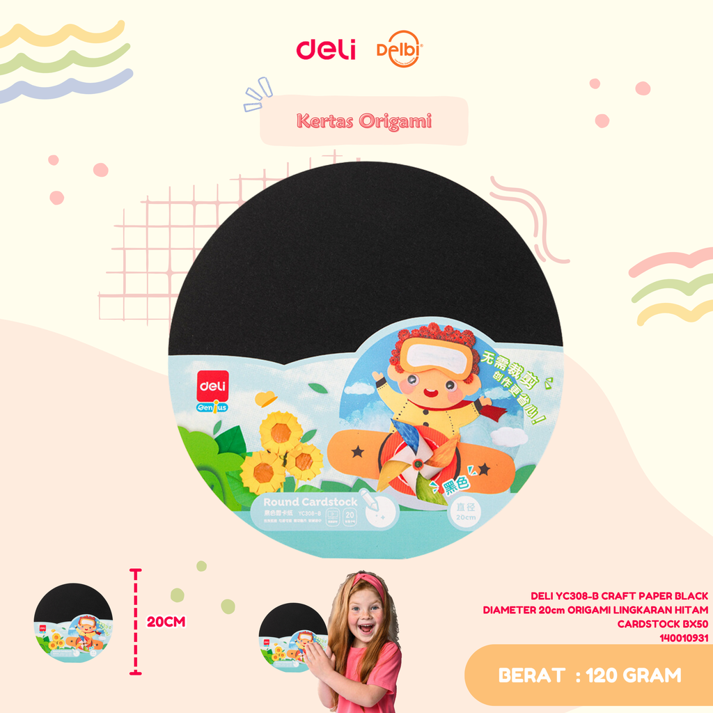 DELI YC308-B CRAFT PAPER BLACK DIAMETER 20cm ORIGAMI LINGKARAN HITAM CARDSTOCK BX50