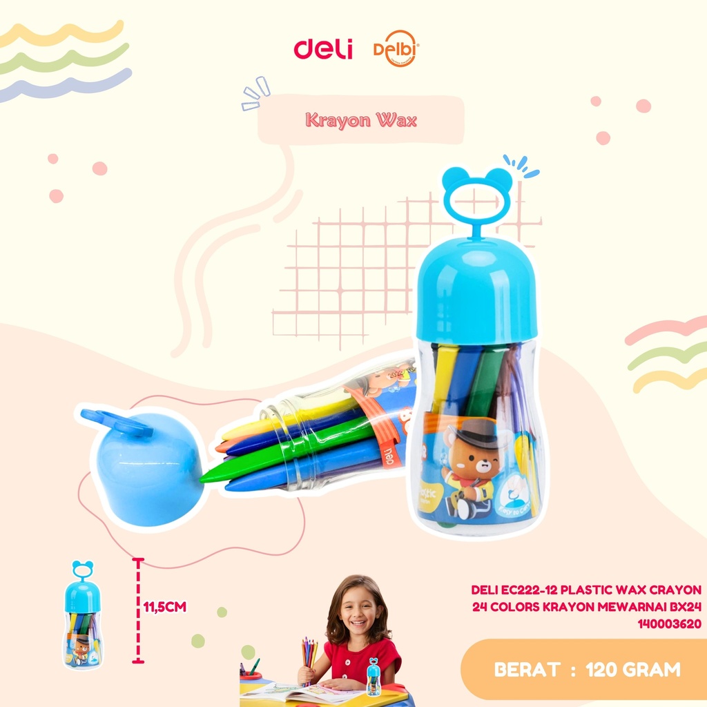 DELI EC222-12 PLASTIC WAX CRAYON 24 COLORS KRAYON MEWARNAI BX24