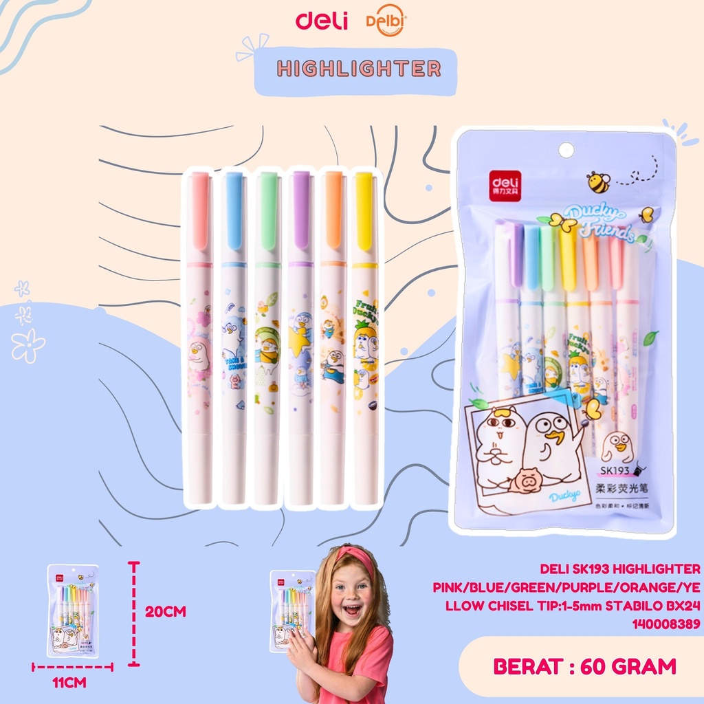 [140008389] DELI SK193 HIGHLIGHTER PINK/BLUE/GREEN/PURPLE/ORANGE/YELLOW CHISEL TIP:1-5mm STABILO BX24