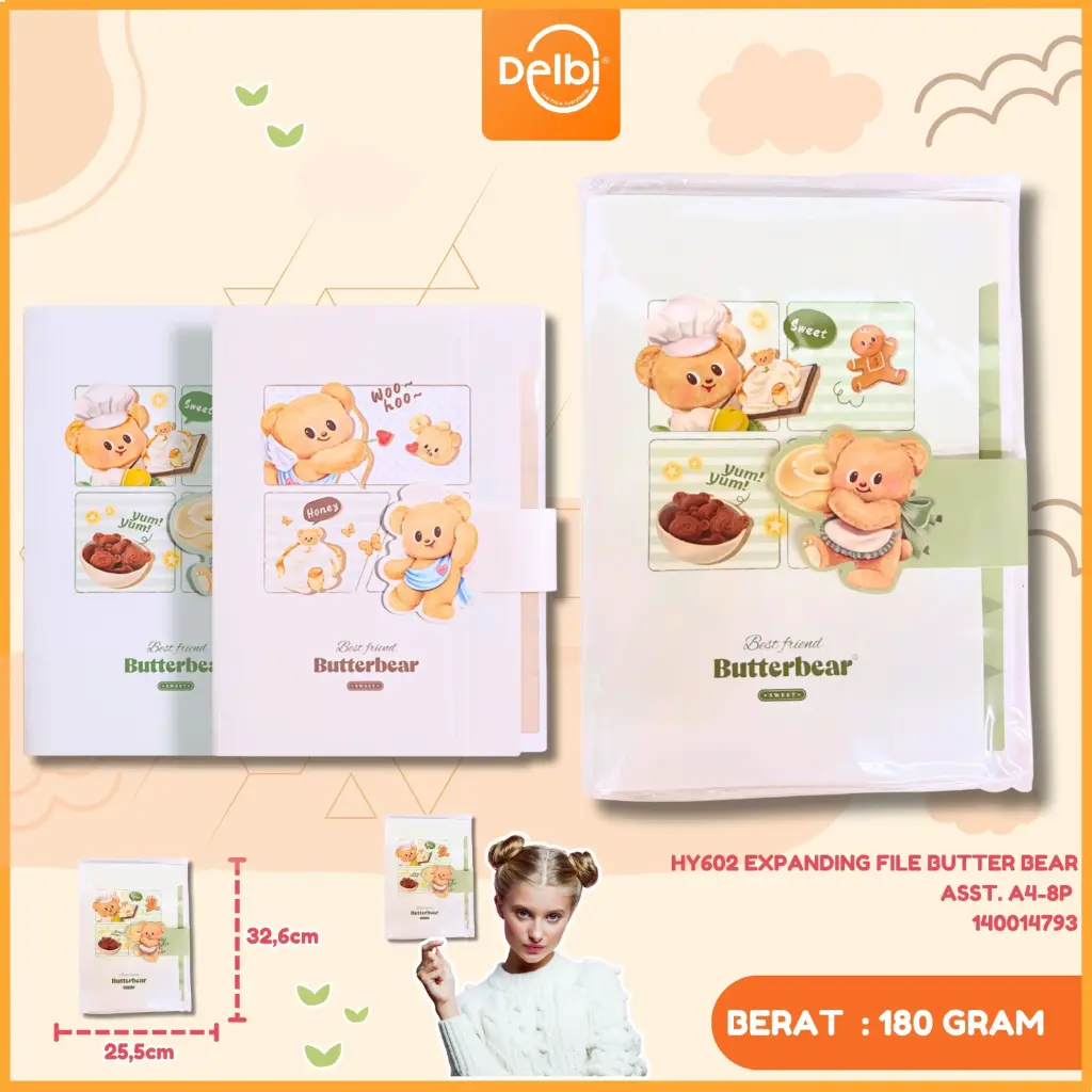 [140014793] HY602 EXPANDING FILE BUTTER BEAR ASST. A4-8P